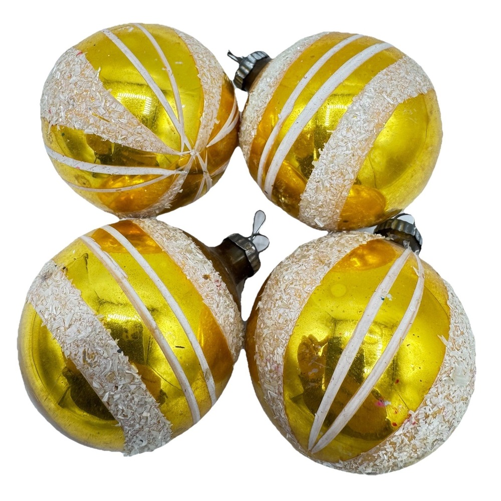 4 Vintage Gold Glass Christmas Ornaments Unusual with painted white stripes